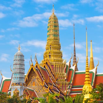 Thailand, Bangkok, The Wat Phra Kaew ( Temple of the Emerald Buddha), famous for golden pagoda.