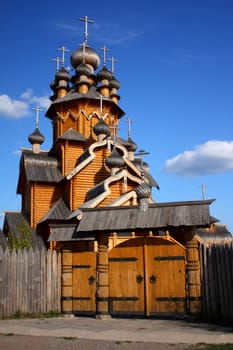 Gates to old wooden church in a village