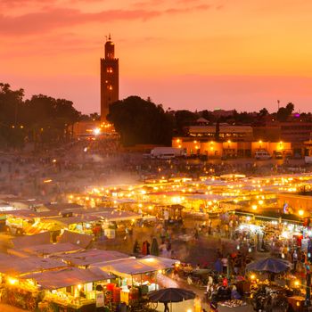 Jamaa el Fna also Jemaa el Fnaa, Djema el Fna or Djemaa el Fnaa is a square and market place in Marrakesh's medina quarter (old city). Marrakesh, Morocco, north Africa. UNESCO Masterpiece of the Oral and Intangible Heritage of Humanity.