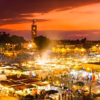 Jamaa el Fna also Jemaa el Fnaa, Djema el Fna or Djemaa el Fnaa is a square and market place in Marrakesh's medina quarter (old city). Marrakesh, Morocco, north Africa. UNESCO Masterpiece of the Oral and Intangible Heritage of Humanity.