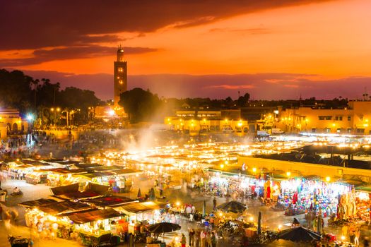 Jamaa el Fna also Jemaa el Fnaa, Djema el Fna or Djemaa el Fnaa is a square and market place in Marrakesh's medina quarter (old city). Marrakesh, Morocco, north Africa. UNESCO Masterpiece of the Oral and Intangible Heritage of Humanity.