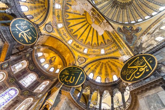 Interior of the Hagia Sophia, a former Greek Orthodox patriarchal basilica (church), later an imperial mosque, and now a museum in Istanbul, Turkey.