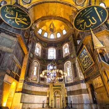 Interior of the Hagia Sophia, a former Greek Orthodox patriarchal basilica (church), later an imperial mosque, and now a museum in Istanbul, Turkey.