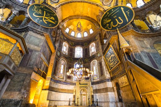 Interior of the Hagia Sophia, a former Greek Orthodox patriarchal basilica (church), later an imperial mosque, and now a museum in Istanbul, Turkey.