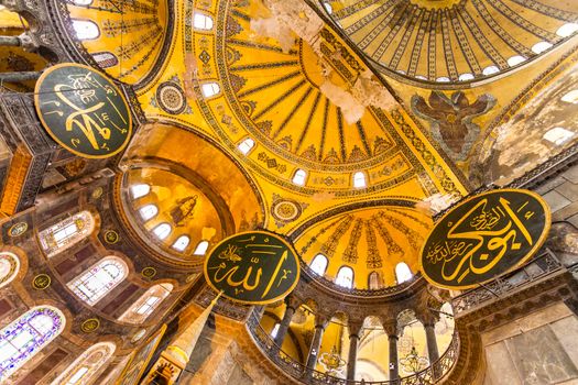 Interior of the Hagia Sophia, a former Greek Orthodox patriarchal basilica (church), later an imperial mosque, and now a museum in Istanbul, Turkey.