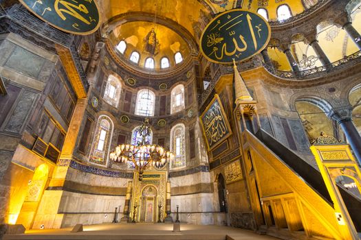 Interior of the Hagia Sophia, a former Greek Orthodox patriarchal basilica (church), later an imperial mosque, and now a museum in Istanbul, Turkey.