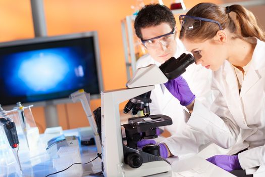 Attractive young scientist and her post doctoral supervisor looking at the microscope slide in the forensic laboratory.