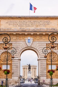 Arc de Triomphe and Chateau d'Eau palace - water tower in the end of aqueduct in Montpellier, France.