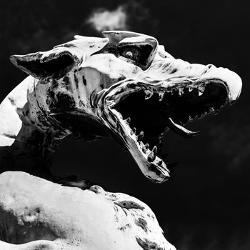 Famous Dragon bridge (Zmajski most), symbol of Ljubljana, capital of Slovenia, Europe. Black and white.