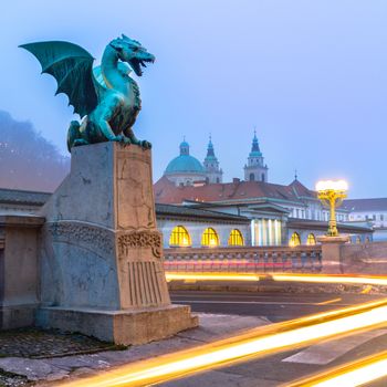 Famous Dragon bridge (Zmajski most), symbol of Ljubljana, capital of Slovenia, Europe.