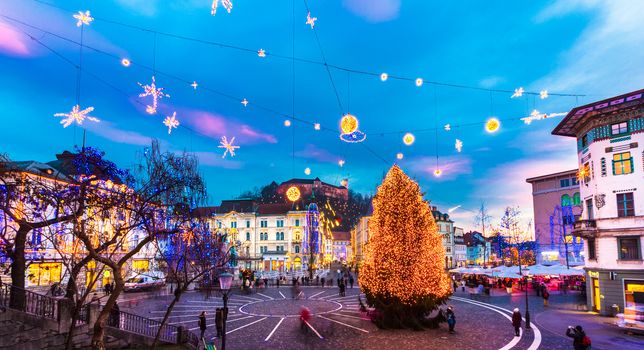 Romantic Ljubljana's city center  decorated for Christmas holiday. Preseren's square, Ljubljana, Slovenia, Europe.