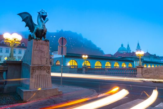 Famous Dragon bridge (Zmajski most), symbol of Ljubljana, capital of Slovenia, Europe.