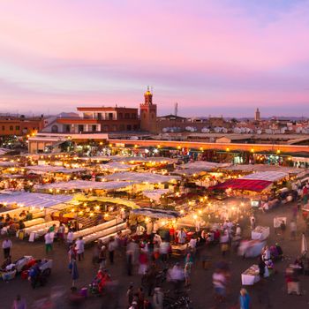 Jamaa el Fna (also Jemaa el-Fnaa, Djema el-Fna or Djemaa el-Fnaa) is a square and market place in Marrakesh's medina quarter (old city). Marrakesh, Morocco, north Africa. UNESCO Masterpiece of the Oral and Intangible Heritage of Humanity.