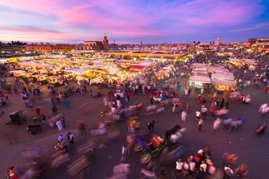 Jamaa el Fna (also Jemaa el-Fnaa, Djema el-Fna or Djemaa el-Fnaa) is a square and market place in Marrakesh's medina quarter (old city). Marrakesh, Morocco, north Africa. UNESCO Masterpiece of the Oral and Intangible Heritage of Humanity.