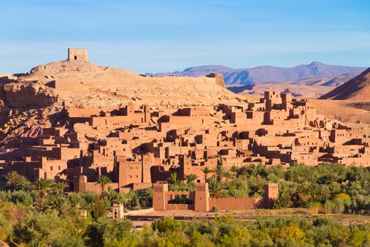 Ait Benhaddou,fortified city, kasbah or ksar, along the former caravan route between Sahara and Marrakesh in present day Morocco. It is situated in Souss Massa Draa on a hill along the Ounila River.