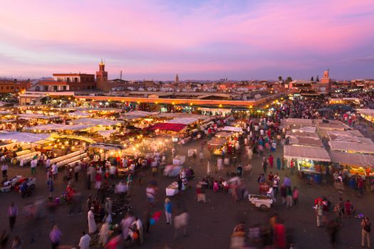 Jamaa el Fna (also Jemaa el-Fnaa, Djema el-Fna or Djemaa el-Fnaa) is a square and market place in Marrakesh's medina quarter (old city). Marrakesh, Morocco, north Africa. UNESCO Masterpiece of the Oral and Intangible Heritage of Humanity.