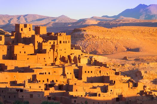 Ait Benhaddou,fortified city, kasbah or ksar, along the former caravan route between Sahara and Marrakesh in present day Morocco. It is situated in Souss Massa Draa on a hill along the Ounila River.