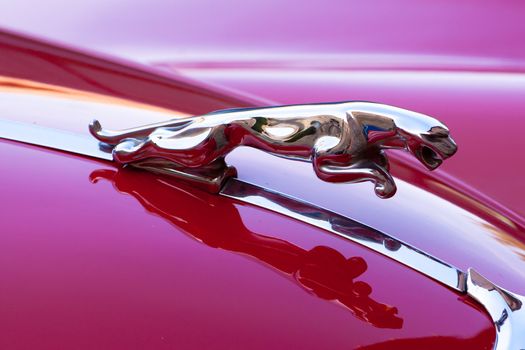 TOLEDO, SPAIN - JUNE 18: Vintage luxury retro sports car - detail of metal red Jaguar XK140 model from 1960s. June 18, 2011.