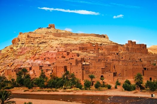 Panorama of the ancient moroccan kasbah Ait Benhaddou, near Ouarzazate, Morocco - Unesco world heritage.