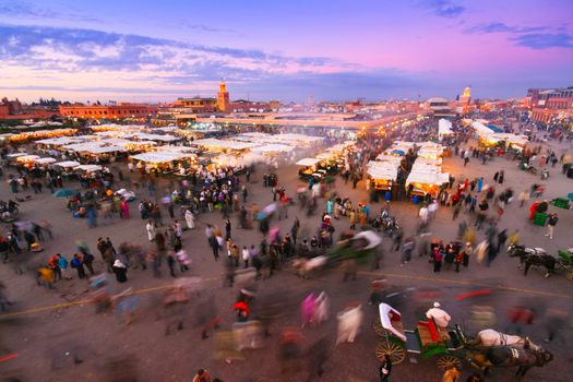 Jamaa el Fna (also Jemaa el-Fnaa, Djema el-Fna or Djemaa el-Fnaa) is a square and market place in Marrakesh's medina quarter (old city). Marrakesh, Morocco, north Africa. UNESCO Masterpiece of the Oral and Intangible Heritage of Humanity.