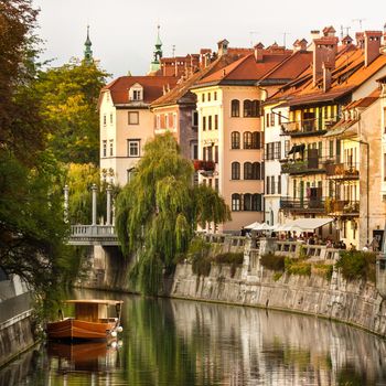 Medieval houses in Ljubljana old city centre on Ljublanica's bank.