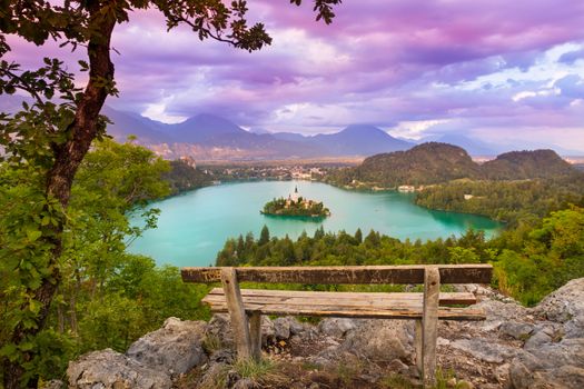 Sunset panoramic view of  Julian Alps, Lake Bled with St. Marys Church of the Assumption on the small island; Bled, Slovenia, Europe.