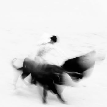 Bullfigting in bullring Las Ventas, Madrid, Spain. Abstract black and white image.
