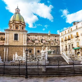 In the heart of Palermo's loveliest square, Piazza Pretoria, stands this magnificent fountain, Fontana Pretoria, work of the Florentine sculptor Francesco Camilliani. Palermo, Sicily, Italy.