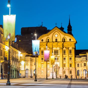 Ursuline Church of the Holy Trinity also Nun Church is a parish church in Ljubljana, the capital of Slovenia. It is located at Slovene Street, along Congress Square. Shot at dusk.