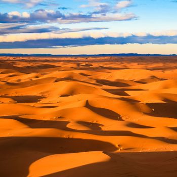 Warm morning light over never ending sand dunes in Morocco.