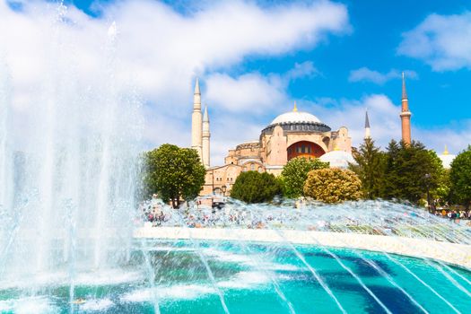 Hagia Sophia, former Orthodox patriarchal basilica (church), later a mosque, and now a museum as seen from Sultanahmet Park on a sunny day.; Istanbul, Turkey.