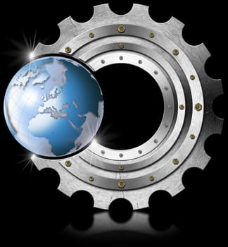 Industrial background with metal gear and blue terrestrial globe
