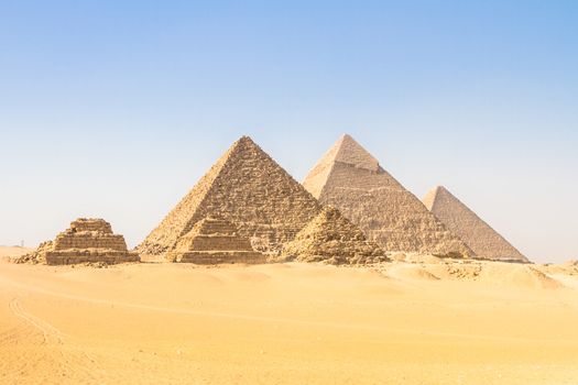 The pyramids of Giza, Cairo, Egypt;  the oldest of the Seven Wonders of the Ancient World, and the only one to remain largely intact