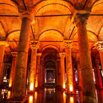The Basilica Cistern (Turkish: Yerebatan Saray�� - "Sunken Palace", or Yerebatan Sarn��c�� - "Sunken Cistern"), is the largest of several hundred ancient cisterns that lie beneath the city of Istanbul (formerly Constantinople), Turkey.