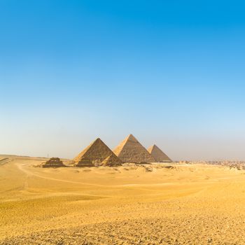 The pyramids of Giza, Cairo, Egypt;  the oldest of the Seven Wonders of the Ancient World, and the only one to remain largely intact