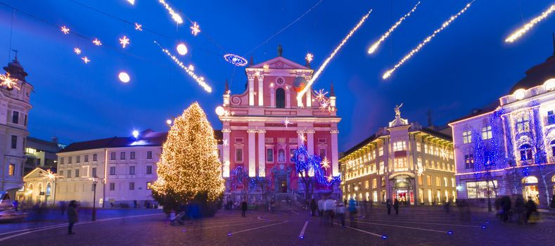 Romantic Ljubljana's city center  decorated for Christmas holiday. Preseren's square, Ljubljana, Slovenia, Europe.