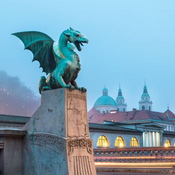 Famous Dragon bridge (Zmajski most), symbol of Ljubljana, capital of Slovenia, Europe.