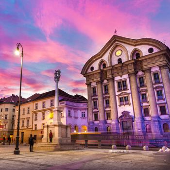 Ursuline Church of the Holy Trinity also Nun Church is a parish church in Ljubljana, the capital of Slovenia. It is located at Slovene Street, along the western border of Congress Square. Dramatic sunset shot.