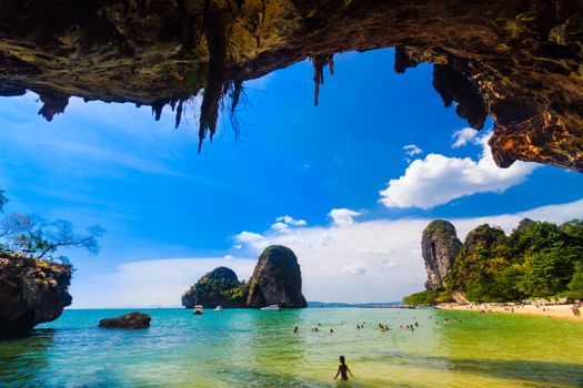 Pranang beach wieved from the outer Pranang Cave, Railay, Krabi, Thailand.