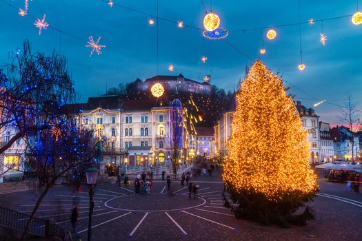 Romantic Ljubljana's city center  decorated for Christmas holiday. Preseren's square, Ljubljana, Slovenia, Europe.