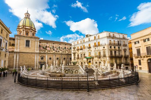 In the heart of Palermo's loveliest square, Piazza Pretoria, stands this magnificent fountain, Fontana Pretoria, work of the Florentine sculptor Francesco Camilliani. Palermo, Sicily, Italy.