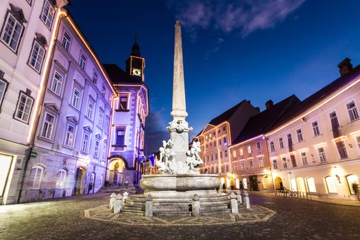 Romantic Ljubljana's city center, the capital of Slovenia, decorated for Christmas holidays. City hall and Roba's fountain.