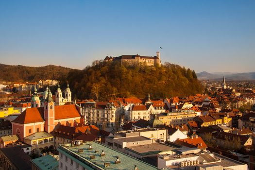 Panorama of the Slovenian capital Ljubljana at sunset