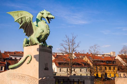 Famous Dragon bridge (Zmajski most), symbol of Ljubljana, capital of Slovenia, Europe.