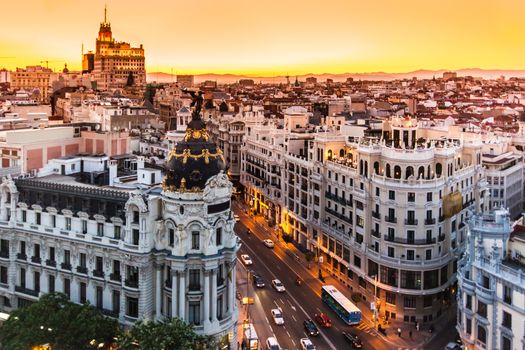 Panoramic aerial view of Gran Via, main shopping street in Madrid, capital of Spain, Europe.