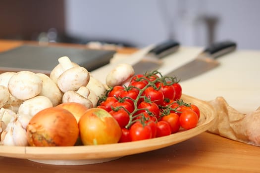 Vegetables on the plate in the kitchen