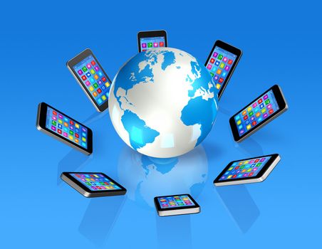 3D Smartphones Around World Globe, isolated on blue - Global Communication Concept