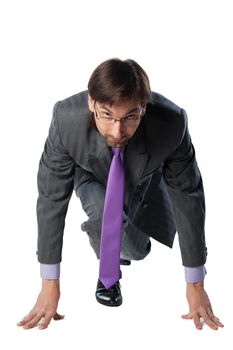 man in a suit at the start isolated on a white background.