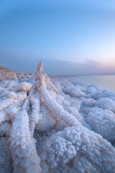 Dead sea with rock of salt in sunset scenary