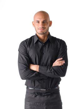 Handsome bald young restaurant or bar waiter, standing isolated on white background, smiling